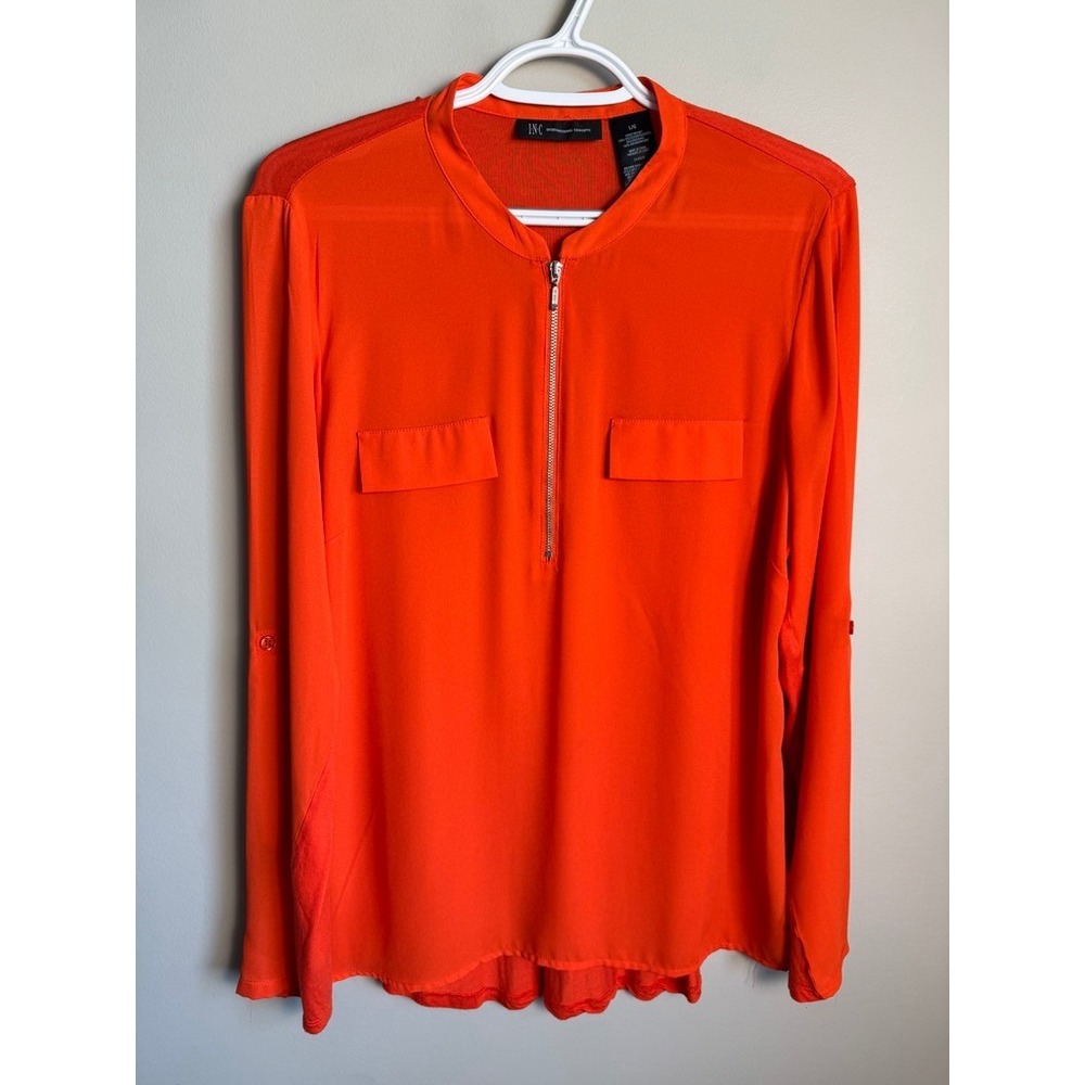 INC International Concepts Zip Front Roll Tab Sleeve Blouse Large Sheer Office
